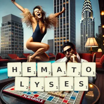 Creative illustration for a Scrabble game with the word HEMATOLYSES spelled out in tiles on the board.