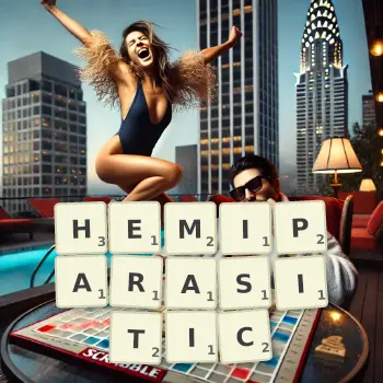 Creative illustration for a Scrabble game with the word HEMIPARASITIC spelled out in tiles on the board.