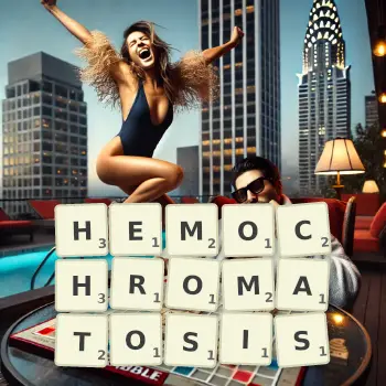 Creative illustration for a Scrabble game with the word HEMOCHROMATOSIS spelled out in tiles on the board.