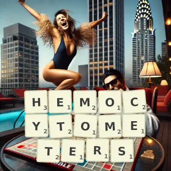 Creative illustration for a Scrabble game with the word HEMOCYTOMETERS spelled out in tiles on the board.