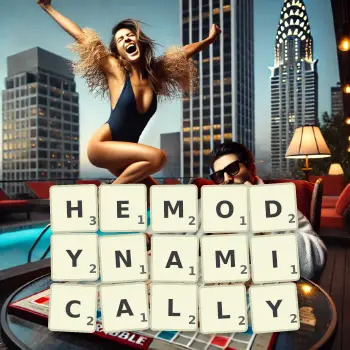 Creative illustration for a Scrabble game with the word HEMODYNAMICALLY spelled out in tiles on the board.