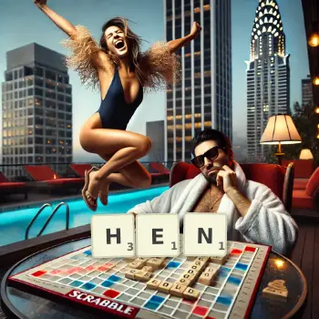 Creative illustration for a Scrabble game with the word HEN spelled out in tiles on the board.