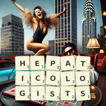 Creative illustration for a Scrabble game with the word HEPATICOLOGISTS spelled out in tiles on the board.