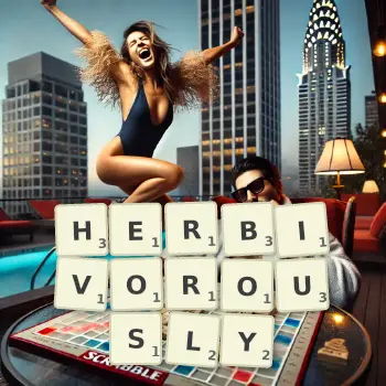 Creative illustration for a Scrabble game with the word HERBIVOROUSLY spelled out in tiles on the board.