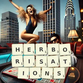 Creative illustration for a Scrabble game with the word HERBORISATIONS spelled out in tiles on the board.