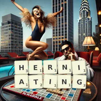 Creative illustration for a Scrabble game with the word HERNIATING spelled out in tiles on the board.