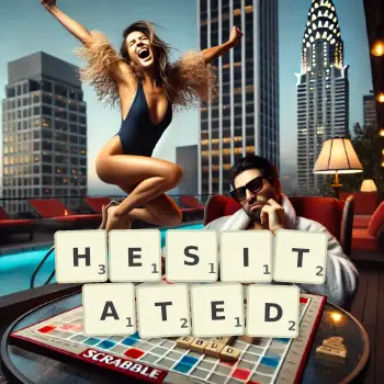 Creative illustration for a Scrabble game with the word HESITATED spelled out in tiles on the board.