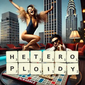 Creative illustration for a Scrabble game with the word HETEROPLOIDY spelled out in tiles on the board.