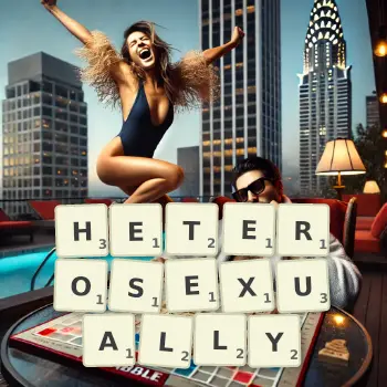 Creative illustration for a Scrabble game with the word HETEROSEXUALLY spelled out in tiles on the board.