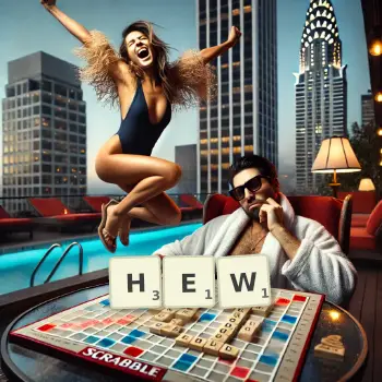 Creative illustration for a Scrabble game with the word HEW spelled out in tiles on the board.