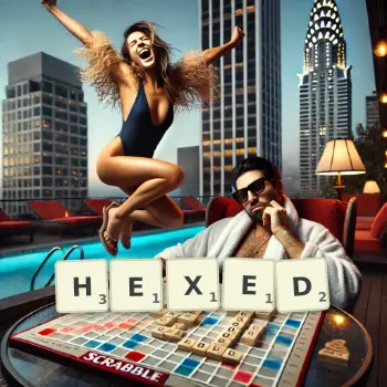 Creative illustration for a Scrabble game with the word HEXED spelled out in tiles on the board.