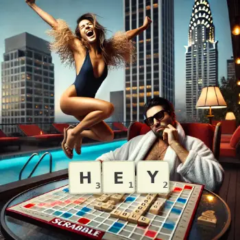 Creative illustration for a Scrabble game with the word HEY spelled out in tiles on the board.