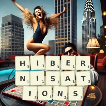 Creative illustration for a Scrabble game with the word HIBERNISATIONS spelled out in tiles on the board.