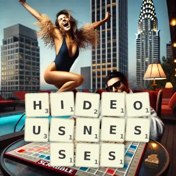Creative illustration for a Scrabble game with the word HIDEOUSNESSES spelled out in tiles on the board.
