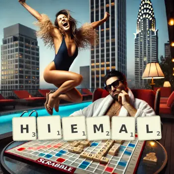 Creative illustration for a Scrabble game with the word HIEMAL spelled out in tiles on the board.