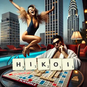 Creative illustration for a Scrabble game with the word HIKOI spelled out in tiles on the board.