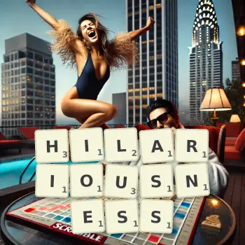 Creative illustration for a Scrabble game with the word HILARIOUSNESS spelled out in tiles on the board.