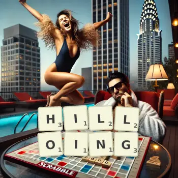 Creative illustration for a Scrabble game with the word HILLOING spelled out in tiles on the board.