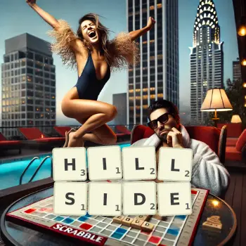 Creative illustration for a Scrabble game with the word HILLSIDE spelled out in tiles on the board.