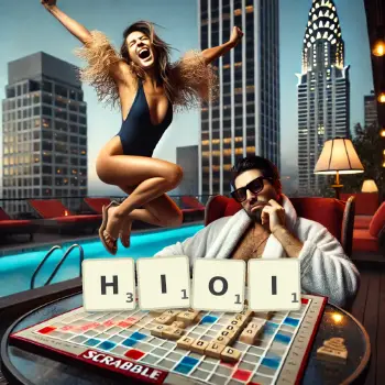 Creative illustration for a Scrabble game with the word HIOI spelled out in tiles on the board.