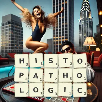 Creative illustration for a Scrabble game with the word HISTOPATHOLOGIC spelled out in tiles on the board.