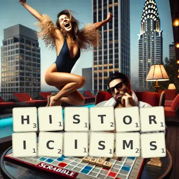 Creative illustration for a Scrabble game with the word HISTORICISMS spelled out in tiles on the board.