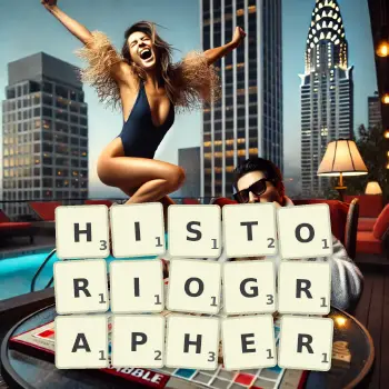 Creative illustration for a Scrabble game with the word HISTORIOGRAPHER spelled out in tiles on the board.