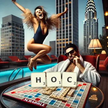 Creative illustration for a Scrabble game with the word HOC spelled out in tiles on the board.