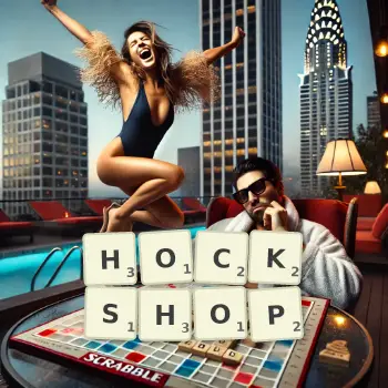 Creative illustration for a Scrabble game with the word HOCKSHOP spelled out in tiles on the board.