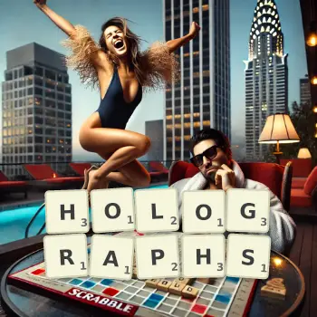 Creative illustration for a Scrabble game with the word HOLOGRAPHS spelled out in tiles on the board.