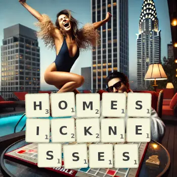 Creative illustration for a Scrabble game with the word HOMESICKNESSES spelled out in tiles on the board.