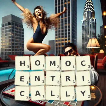 Creative illustration for a Scrabble game with the word HOMOCENTRICALLY spelled out in tiles on the board.