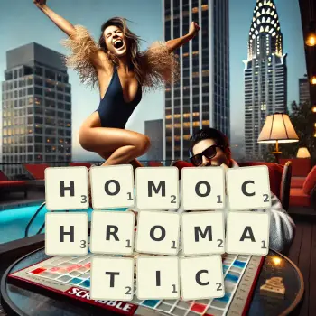 Creative illustration for a Scrabble game with the word HOMOCHROMATIC spelled out in tiles on the board.