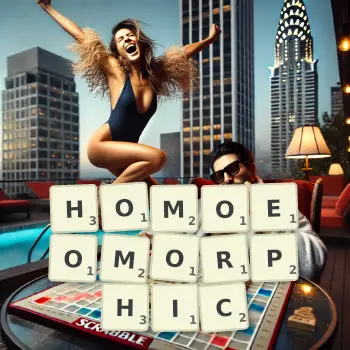 Creative illustration for a Scrabble game with the word HOMOEOMORPHIC spelled out in tiles on the board.
