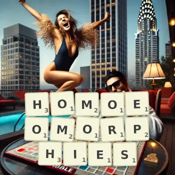 Creative illustration for a Scrabble game with the word HOMOEOMORPHIES spelled out in tiles on the board.
