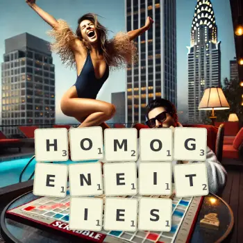 Creative illustration for a Scrabble game with the word HOMOGENEITIES spelled out in tiles on the board.