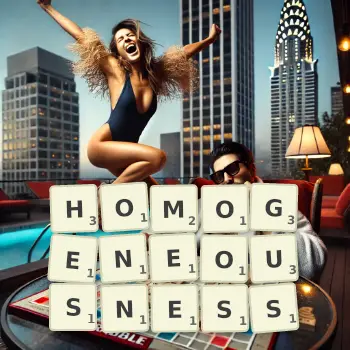 Creative illustration for a Scrabble game with the word HOMOGENEOUSNESS spelled out in tiles on the board.