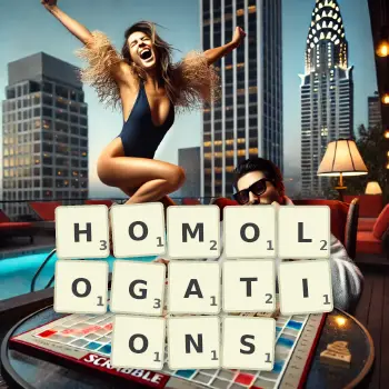 Creative illustration for a Scrabble game with the word HOMOLOGATIONS spelled out in tiles on the board.