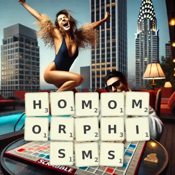 Creative illustration for a Scrabble game with the word HOMOMORPHISMS spelled out in tiles on the board.