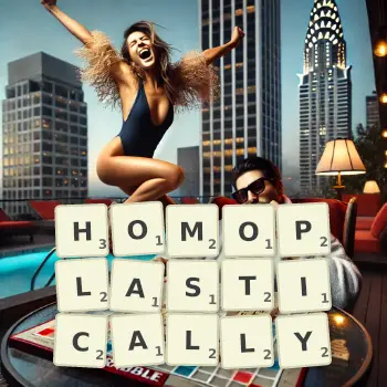 Creative illustration for a Scrabble game with the word HOMOPLASTICALLY spelled out in tiles on the board.