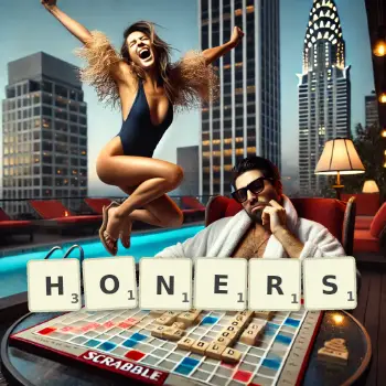 Creative illustration for a Scrabble game with the word HONERS spelled out in tiles on the board.