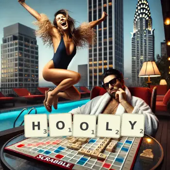 Creative illustration for a Scrabble game with the word HOOLY spelled out in tiles on the board.