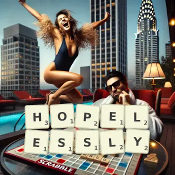 Creative illustration for a Scrabble game with the word HOPELESSLY spelled out in tiles on the board.