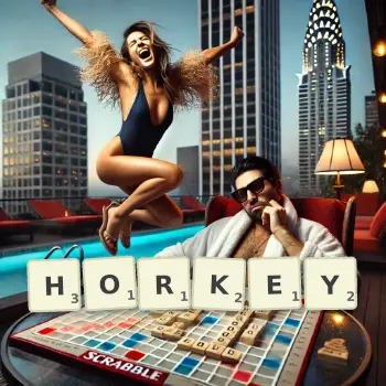Creative illustration for a Scrabble game with the word HORKEY spelled out in tiles on the board.