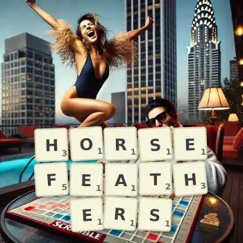 Creative illustration for a Scrabble game with the word HORSEFEATHERS spelled out in tiles on the board.