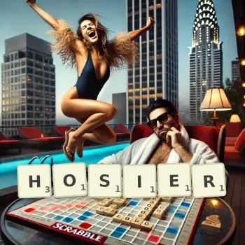 Creative illustration for a Scrabble game with the word HOSIER spelled out in tiles on the board.