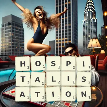 Creative illustration for a Scrabble game with the word HOSPITALISATION spelled out in tiles on the board.