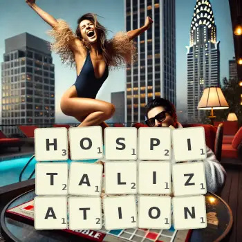 Creative illustration for a Scrabble game with the word HOSPITALIZATION spelled out in tiles on the board.