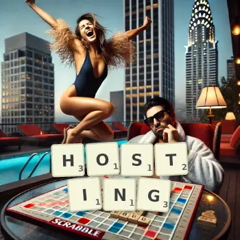 Creative illustration for a Scrabble game with the word HOSTING spelled out in tiles on the board.