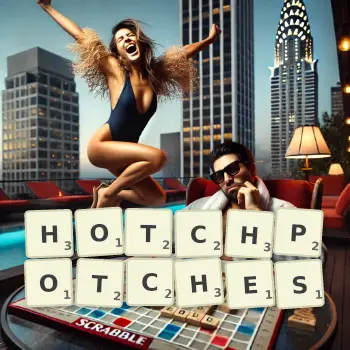 Creative illustration for a Scrabble game with the word HOTCHPOTCHES spelled out in tiles on the board.